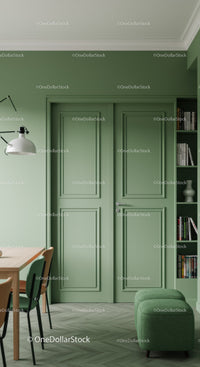 Elegant Green Interior Door with Bookshelf and Cozy Living Space