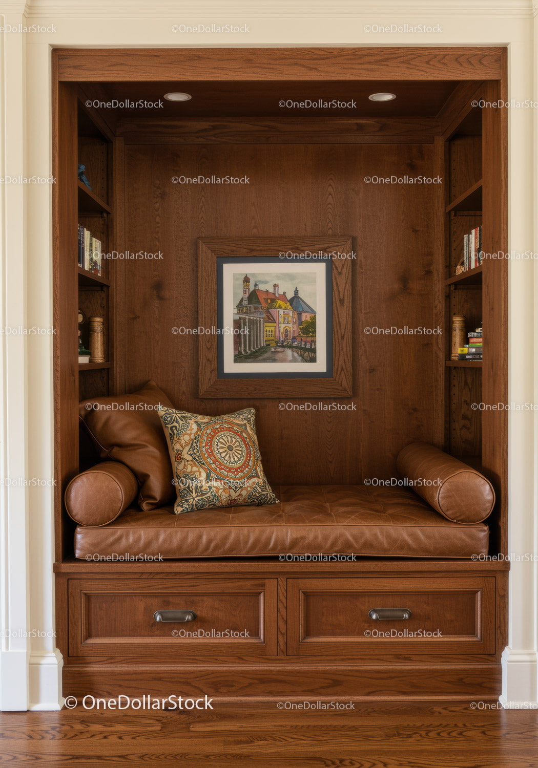 Elegant Wooden Nook with Leather Bench and Art Decor