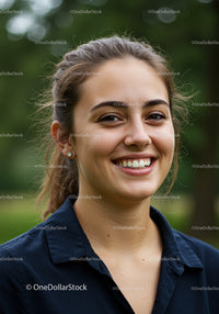 Smiling Young Woman Outdoors with Natural Light and Green Background