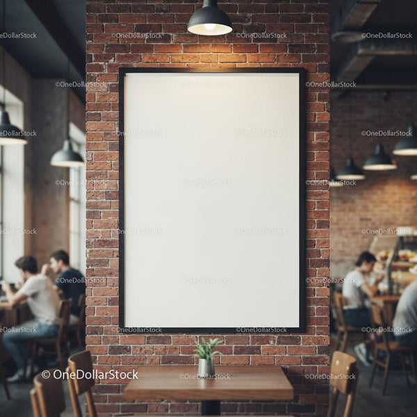 Blank poster on brick wall in cozy urban cafe JPG Mockup Image