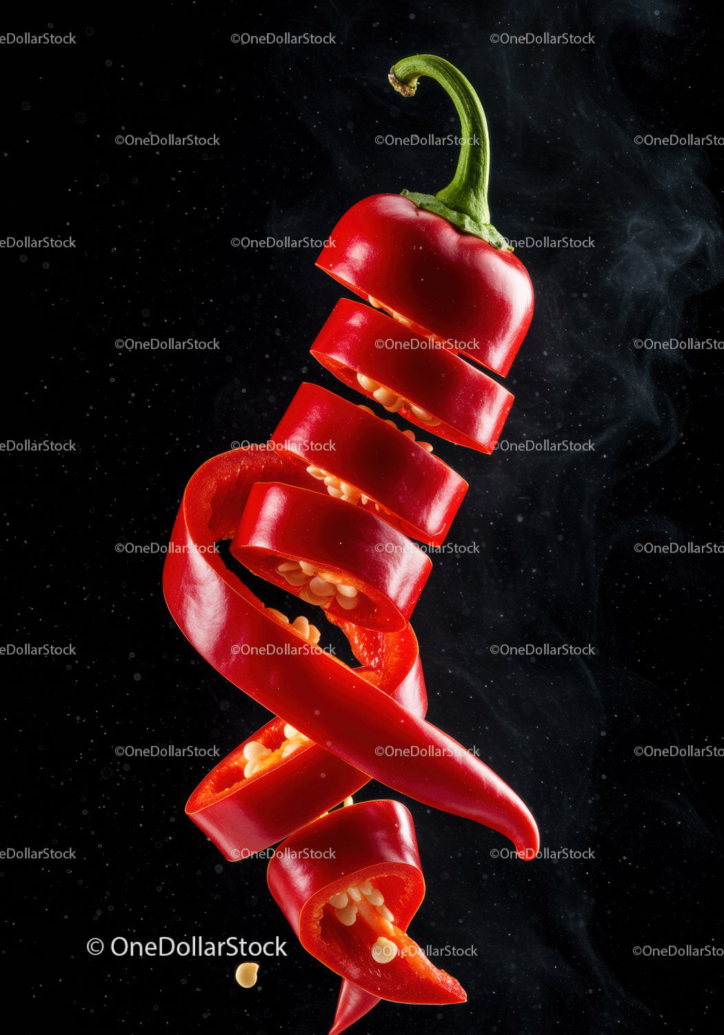 Fresh red chili pepper sliced and floating on black