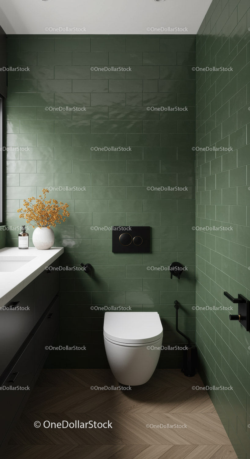 Modern Green Tiled Bathroom with Stylish Fixtures and Contemporary Decor