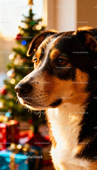 Calm dog near decorated Christmas tree with gifts