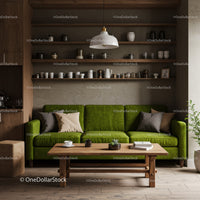 Cozy living room with vibrant green sofa and wooden accents