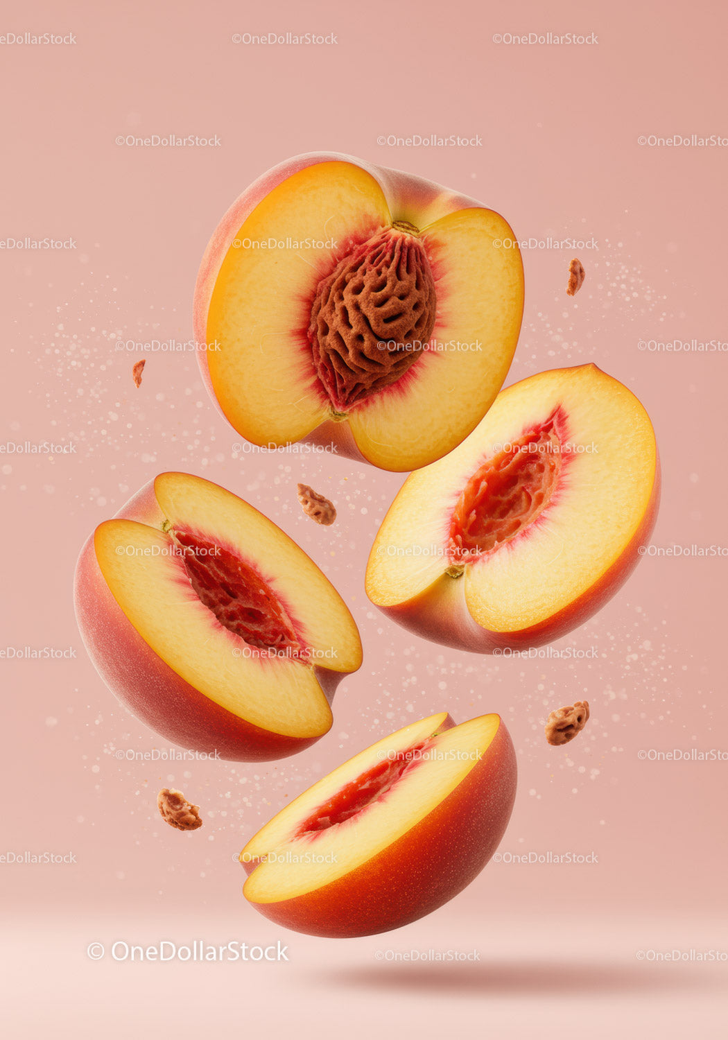 Freshly Cut Peaches Floating on Soft Pink Background