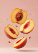 Freshly Cut Peaches Floating on Soft Pink Background