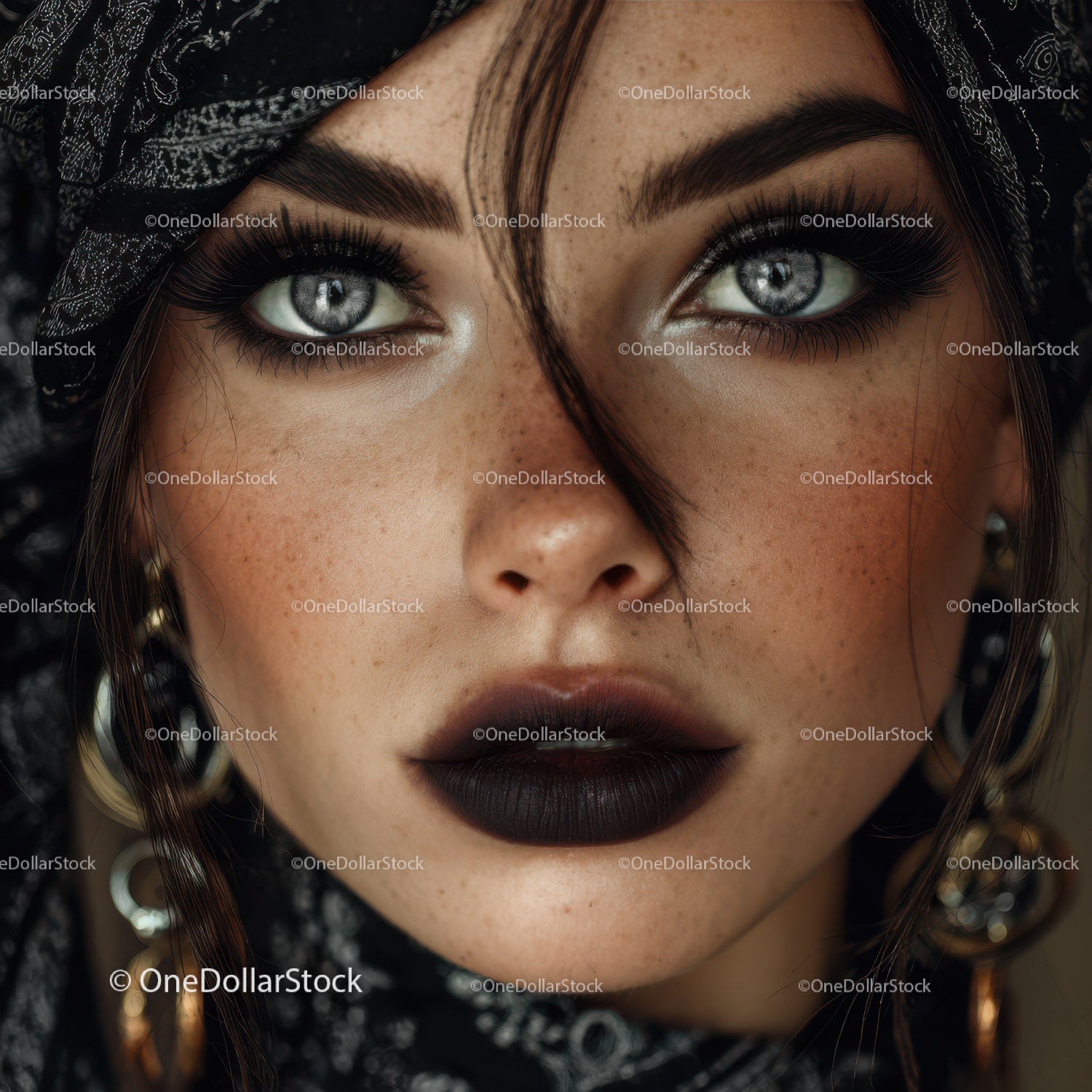 Glamorous Woman with Blue Eyes and Dark Makeup