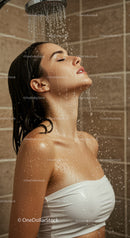 Relaxing Woman Under Shower with Water Droplets in Indoor Bathroom