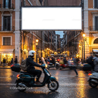 Evening street scene with scooters in European city