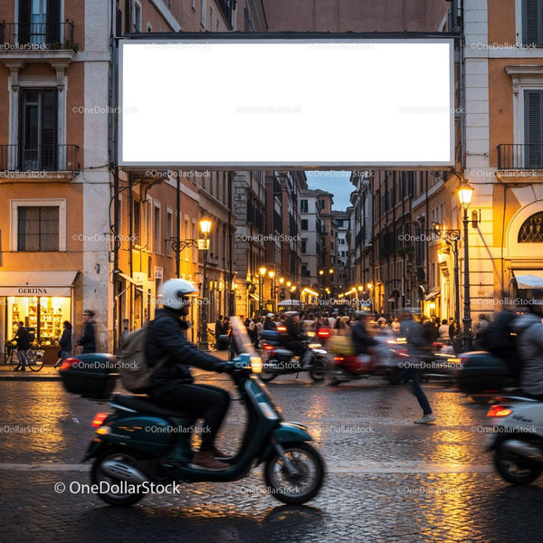 Evening street scene with scooters in European city JPG Mockup Image
