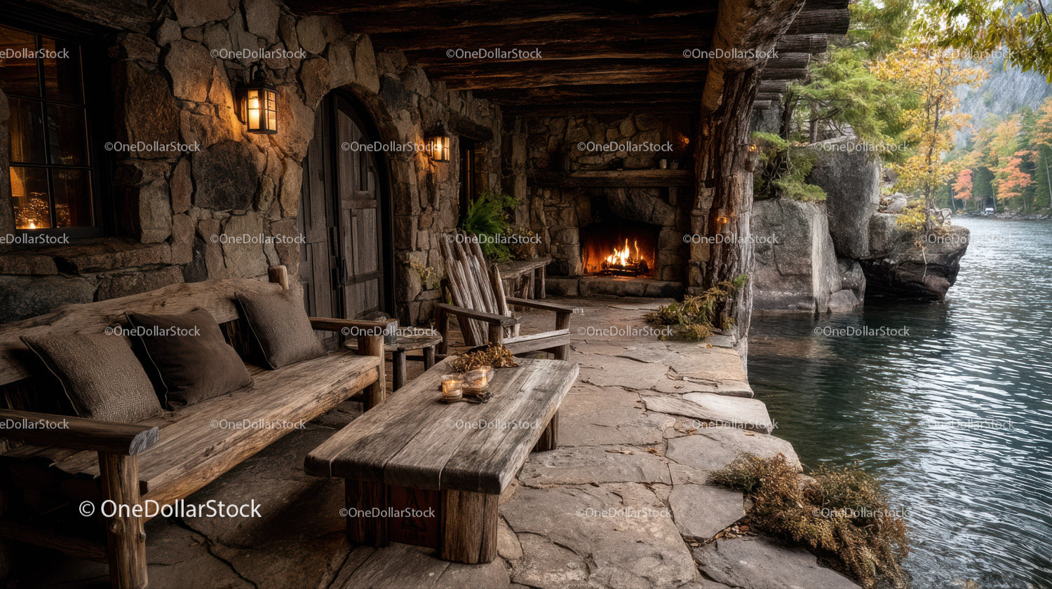 Rustic Riverside Cabin with Stone Fireplace Surrounded by Autumn Foliage