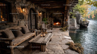 Rustic Riverside Cabin with Stone Fireplace Surrounded by Autumn Foliage