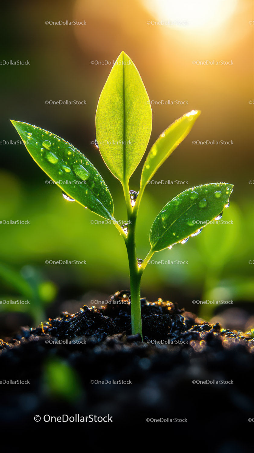 Fresh Green Seedling with Dew Drops in Natural Soil Landscape