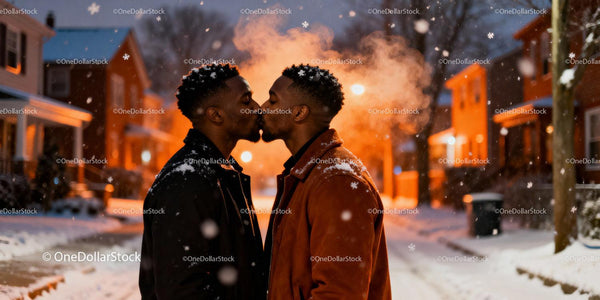 Couple Sharing Warm Kiss on Snowy Winter Evening