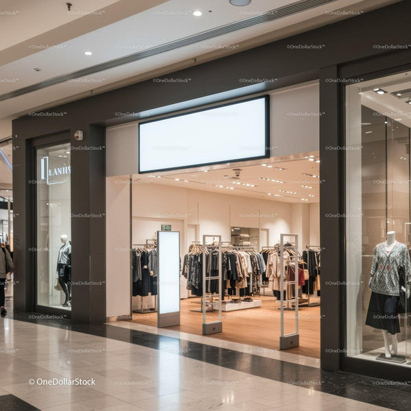 Modern clothing store interior with mannequins and apparel racks JPG Mockup Image