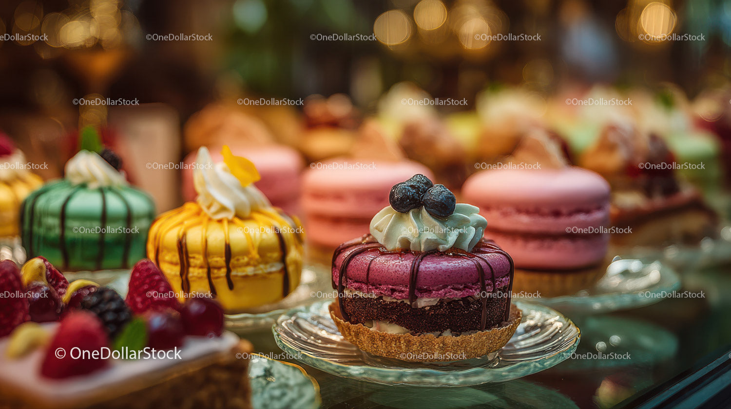 Colorful Assorted Pastries and Fruit-Topped Cakes Display