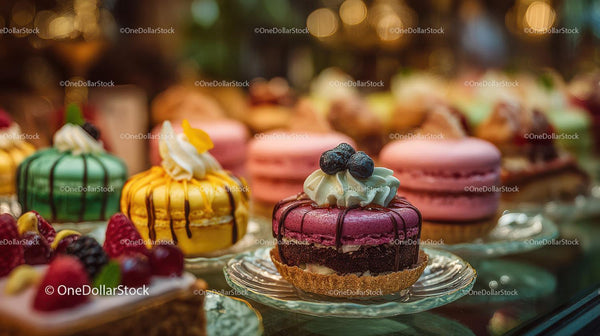 Colorful Assorted Pastries and Fruit-Topped Cakes Display