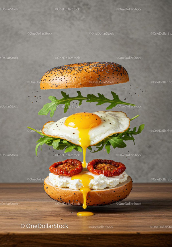 Poppy Seed Bagel with Fried Egg and Sun-Dried Tomatoes