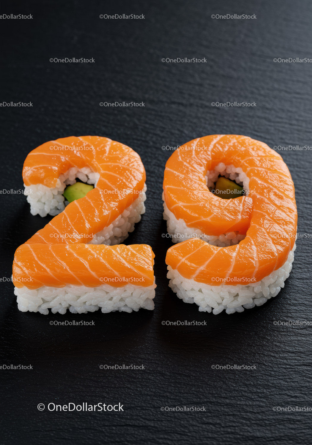 Kreatywne sushi w kształcie cyfry dwadzieścia dziewięć na czarnym łupku