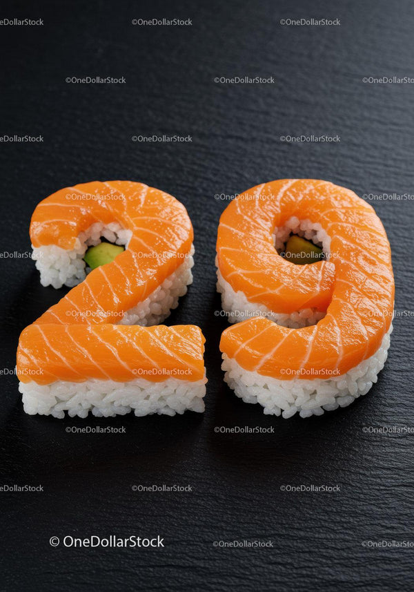 Creative sushi shaped as number twenty nine on black slate