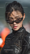 Fashionable Woman in Black Outfit with Sunglasses