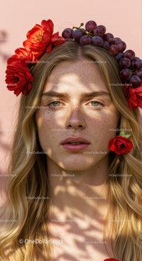 Beautiful Woman Wearing Floral Crown with Red Alstroemeria and Grape Flowers