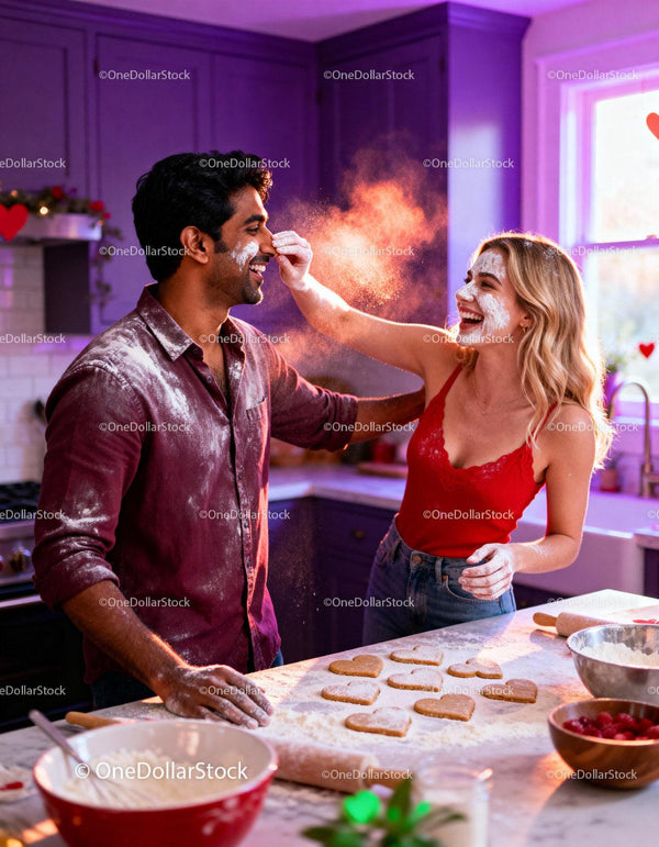 Couple Enjoying Playful Baking Moment for Valentines Day
