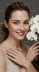 Young Woman with White Orchid Flowers and Bright Smile