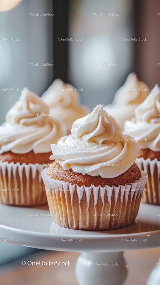 Creamy Vanilla Frosted Cupcakes on Elegant White Stand