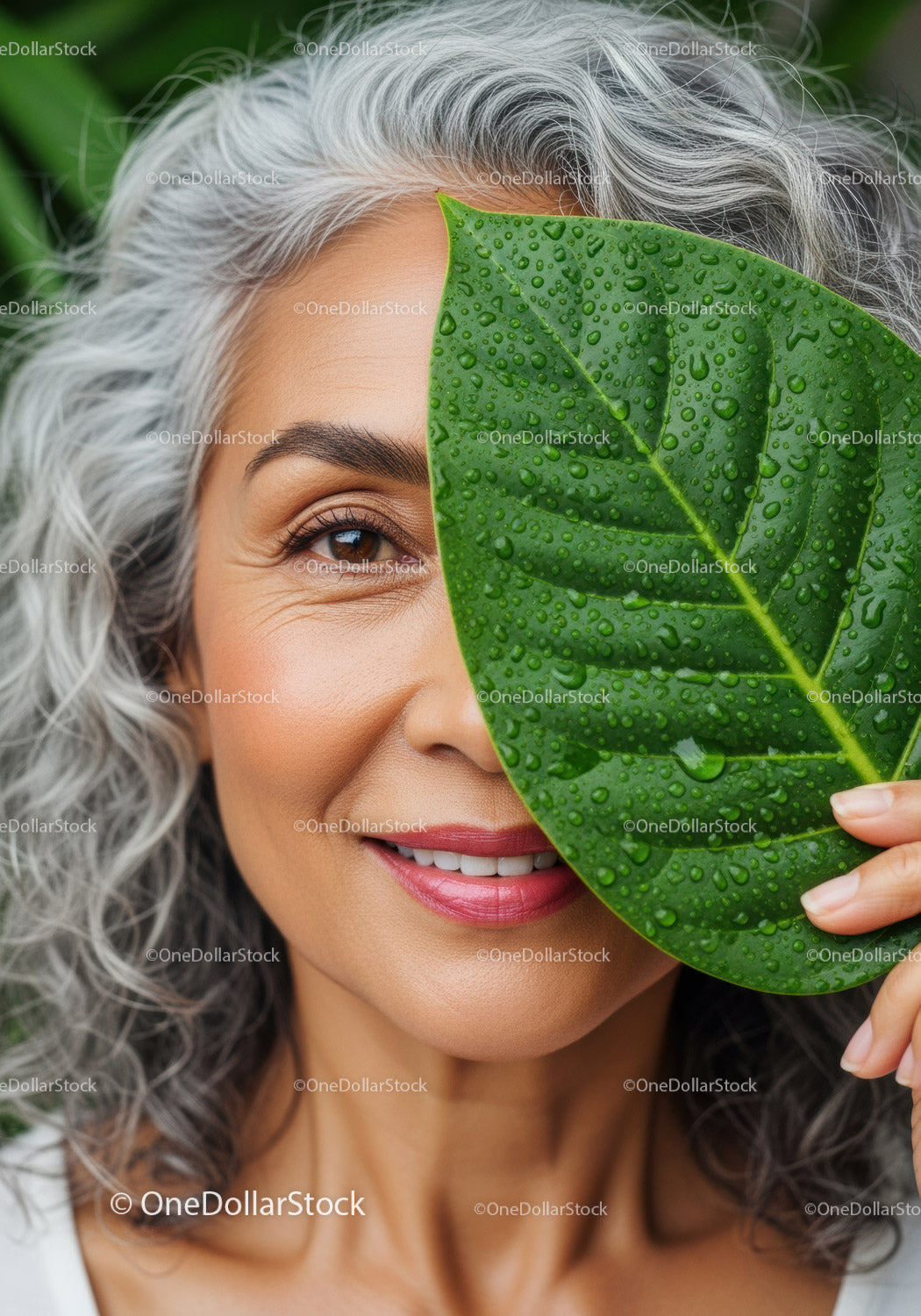 Smiling Elderly Woman with Green Leaf Covered Face in Nature