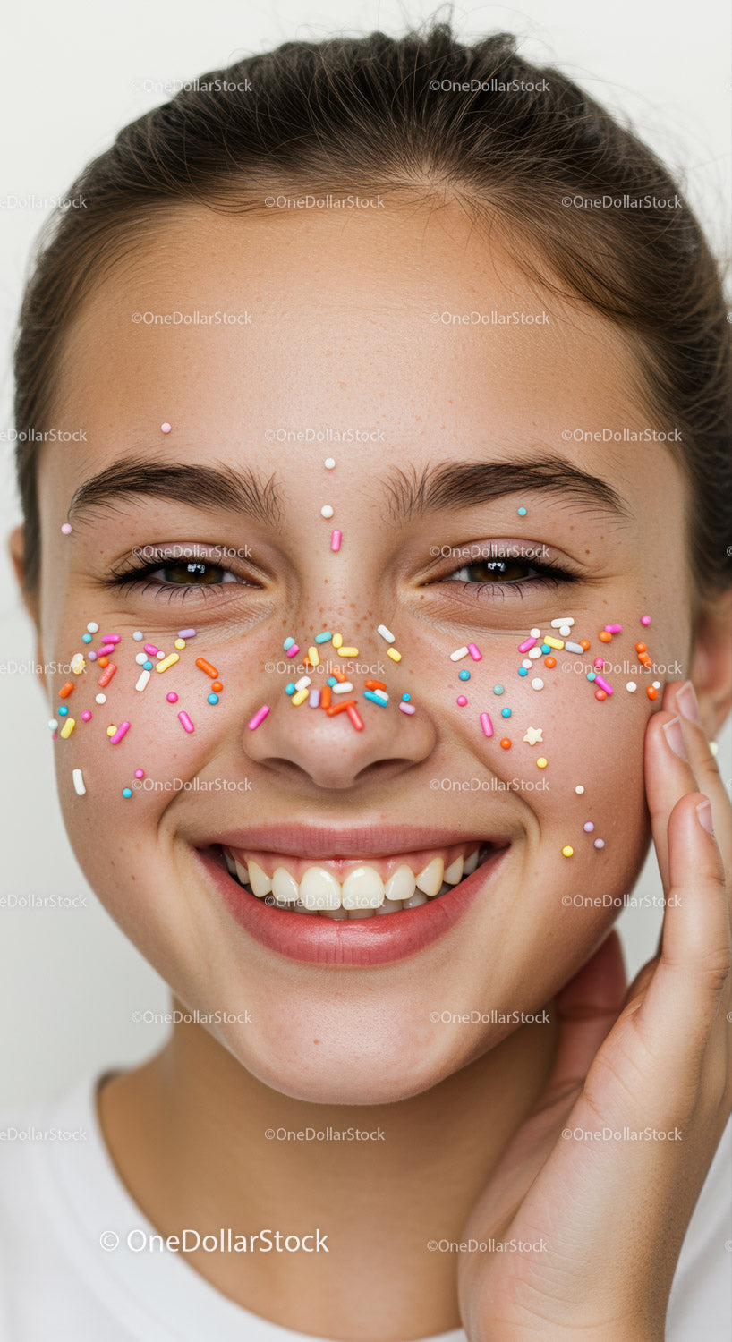 Joyful Woman with Colorful Sprinkles Face Close-Up