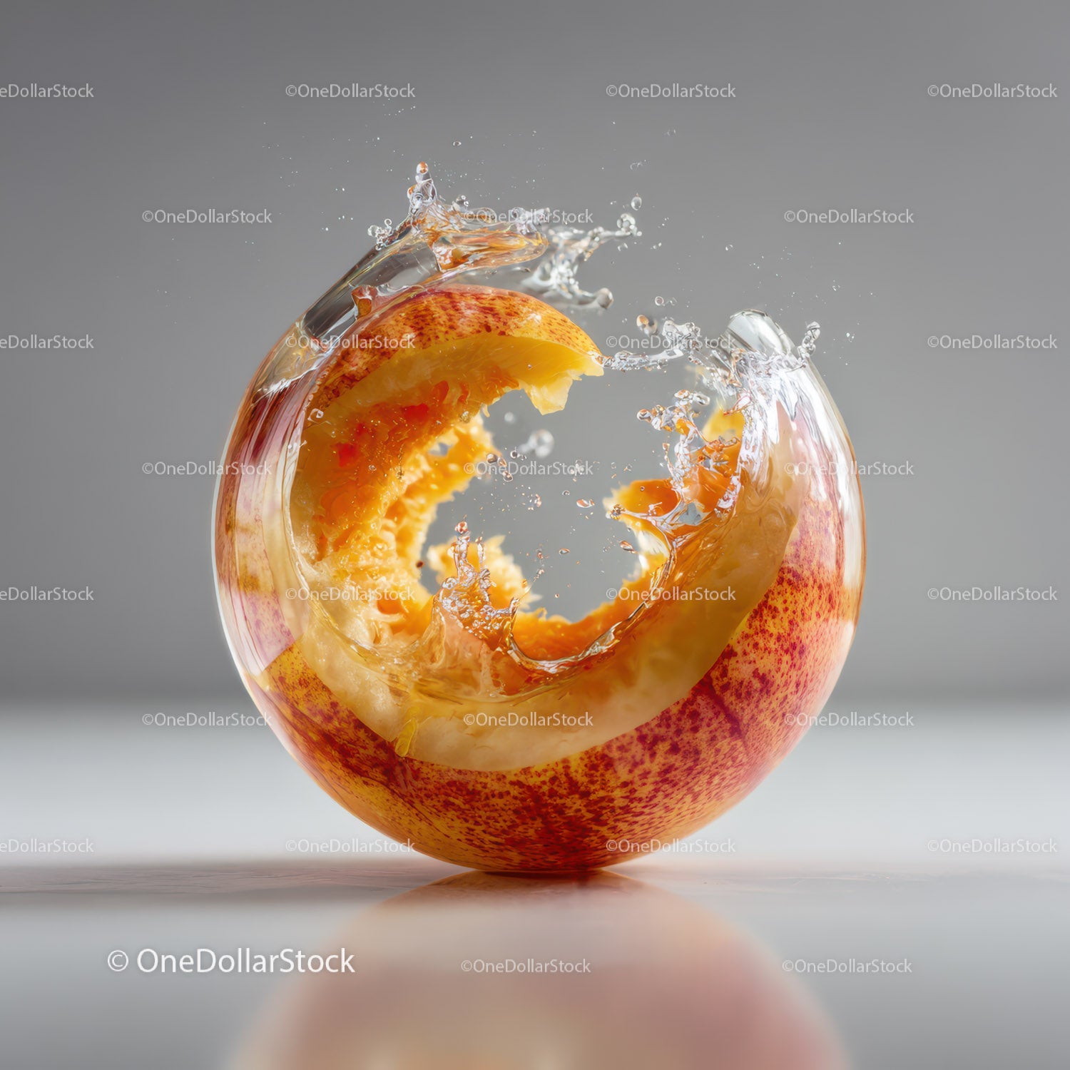 Juicy Peach with Water Splash in Motion for Refreshing Food Photography