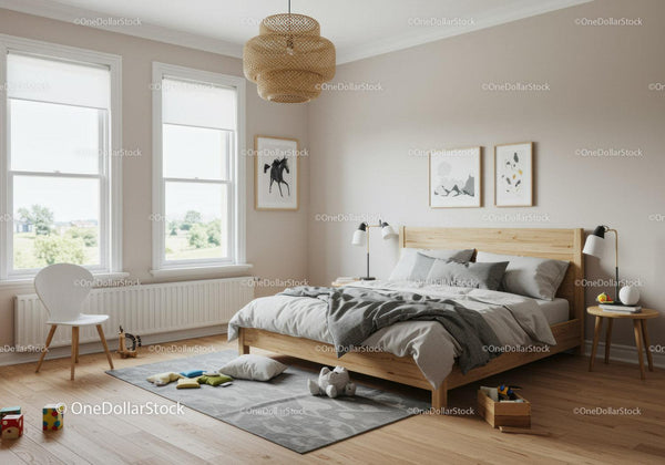 Bright Modern Bedroom with Wooden Bed and Minimalist Decor