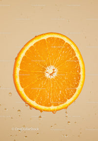 Fresh Orange Slice with Water Droplets on Beige Background