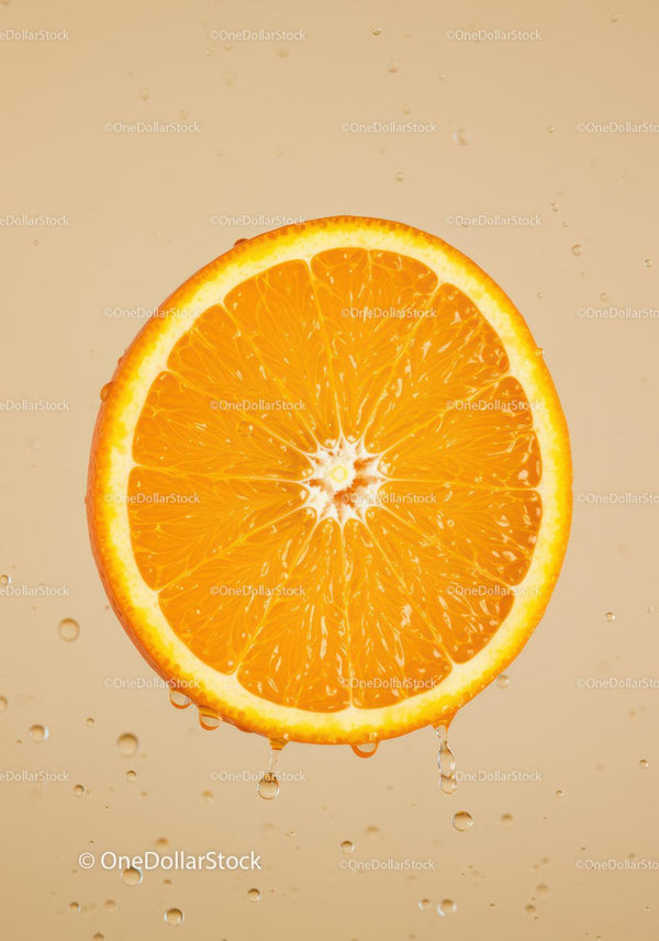 Fresh Orange Slice with Water Droplets on Beige Background