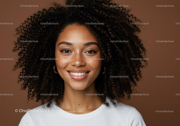 Portrait of a Smiling Woman with Curly Hair and Freckles