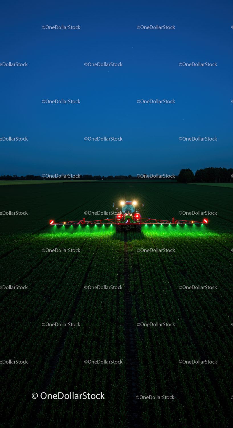 Nighttime Farming with LED Sprayer in Field