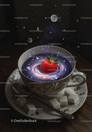 Surreal galaxy swirling in tea cup with fresh strawberry