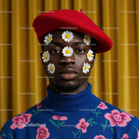 Young man with daisies on face in vibrant fashion style