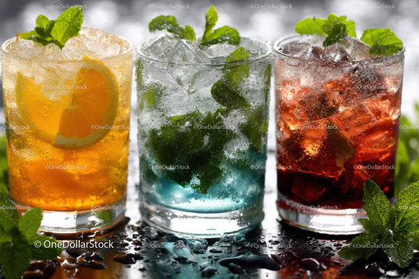 Colorful Fruit Mojitos with Mint and Ice in Refreshing Summer Drinks