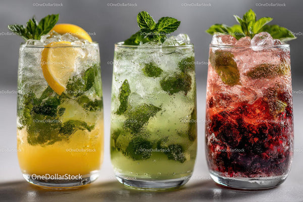 Colorful Refreshing Cocktail Selection with Mint and Fruit