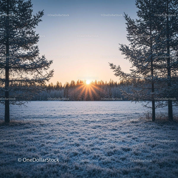 Sunrise over a Frosty Winter Field with Pine Trees