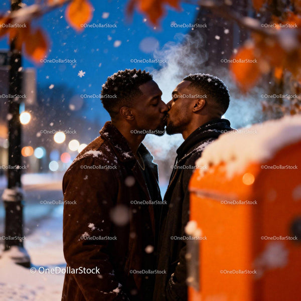 Affectionate couple sharing a kiss on snowy winter evening