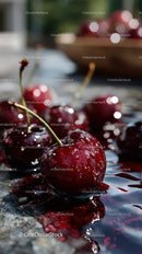 Juicy Sunlit Cherries on Water with Reflection