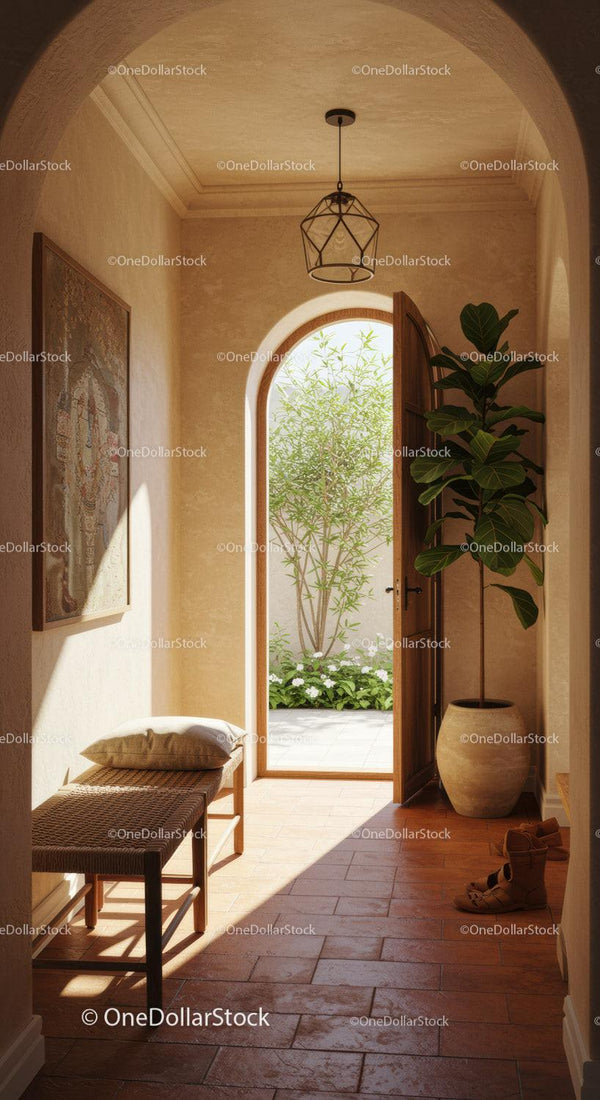 Cozy Mediterranean Hallway with Open Door to Garden