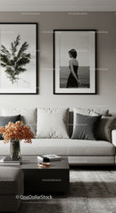 Stylish Minimalist Living Room with Neutral Decor and Artistic Wall Photos