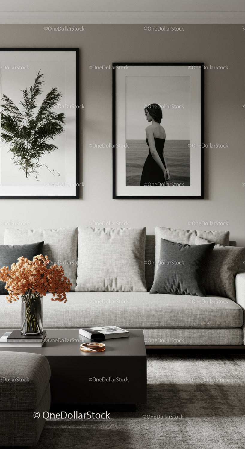 Stylish Minimalist Living Room with Neutral Decor and Artistic Wall Photos