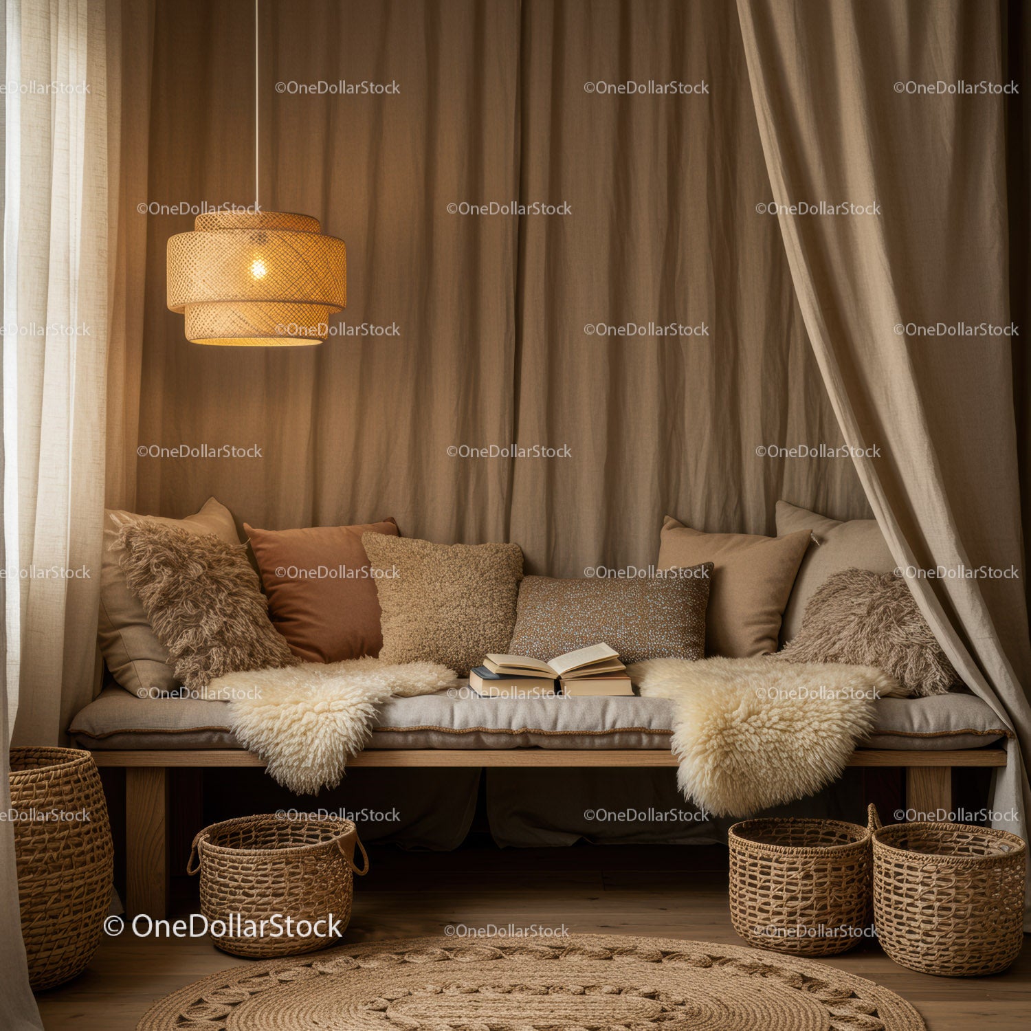 Cozy reading nook with soft cushions and warm lighting
