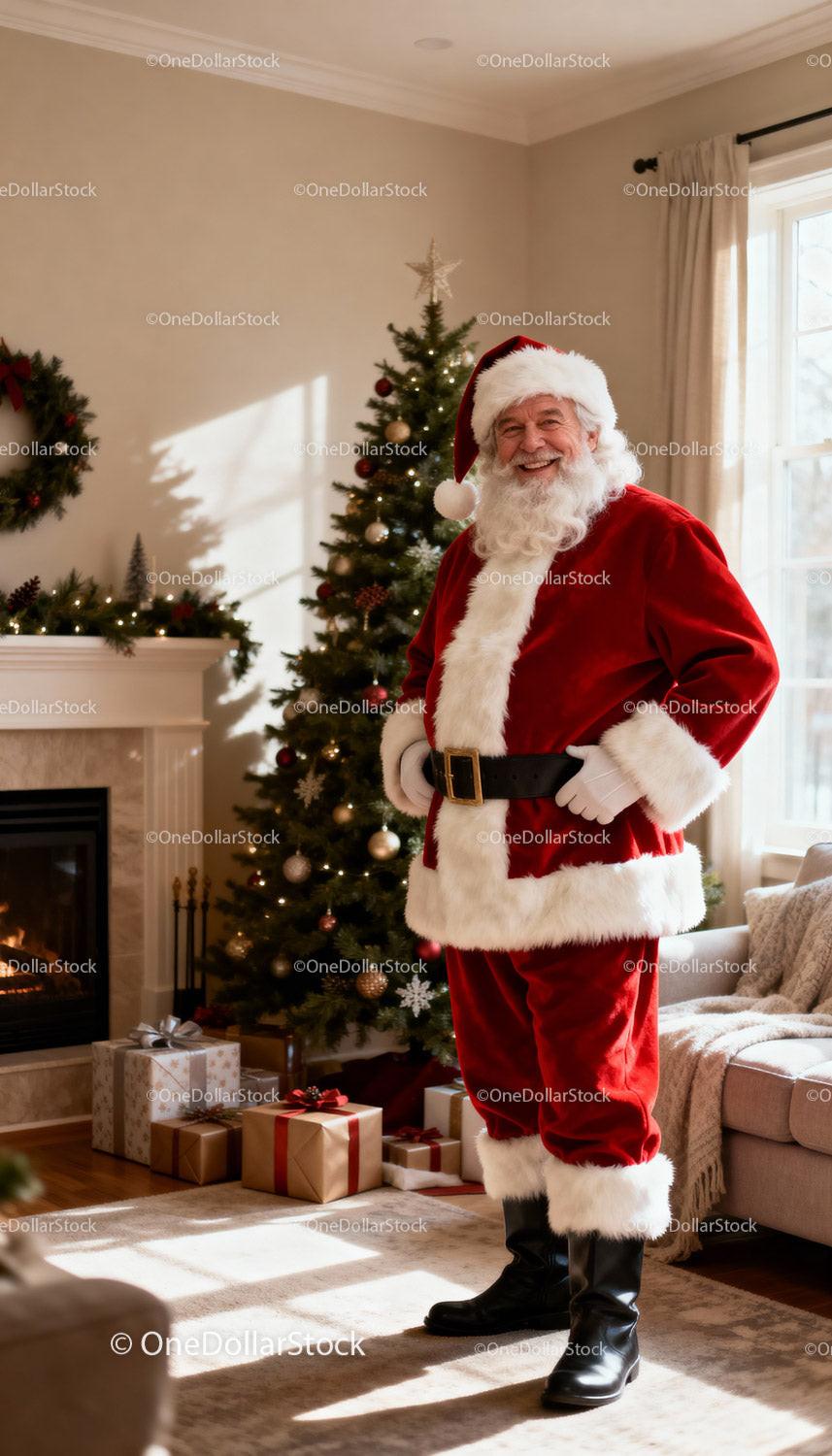 Smiling Santa Claus standing in festive living room