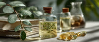 Herbal Oil in Glass Bottles with Green Leaves and Capsules